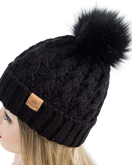 PAGE ONE Womens Winter Ribbed Beanie Crossed Cap Chunky Cable Knit Pompom Soft Warm Hat