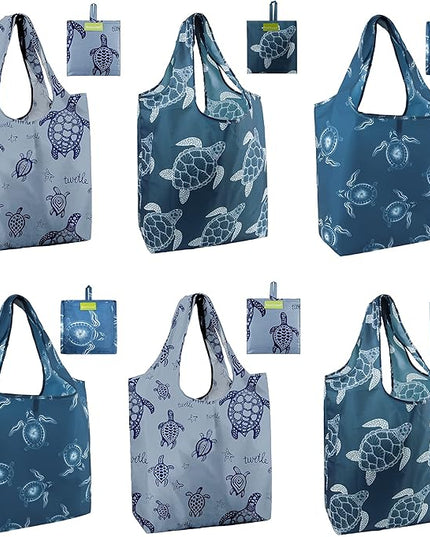 BeeGreen Sea Turtle Reusable Grocery Bags Large Tote Bag With Handles, Bulk Gift Foldable Shopping Bags for Women 6 Pack, Cute Cloth Bag, Heavy Duty, Washable For Beach, Holiday, Travel And Groceries