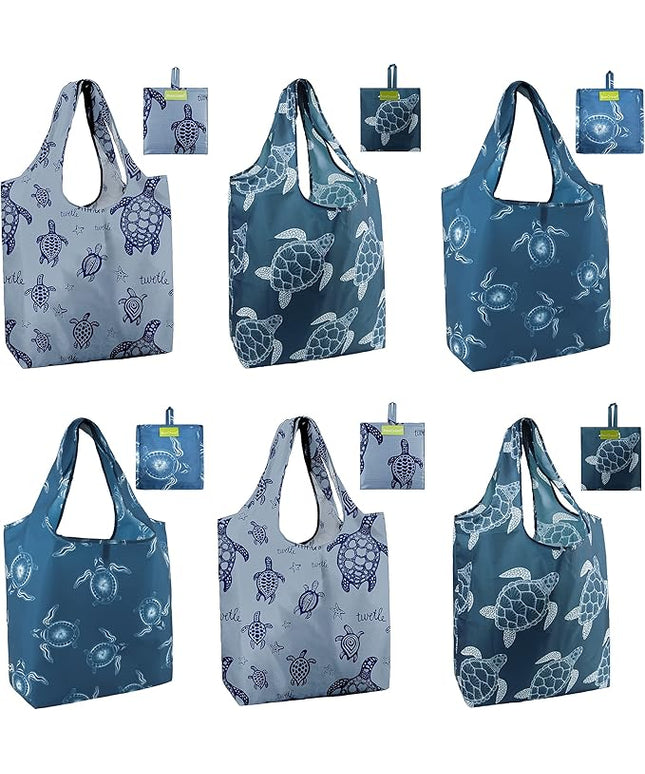 BeeGreen Sea Turtle Reusable Grocery Bags Large Tote Bag With Handles, Bulk Gift Foldable Shopping Bags for Women 6 Pack, Cute Cloth Bag, Heavy Duty, Washable For Beach, Holiday, Travel And Groceries