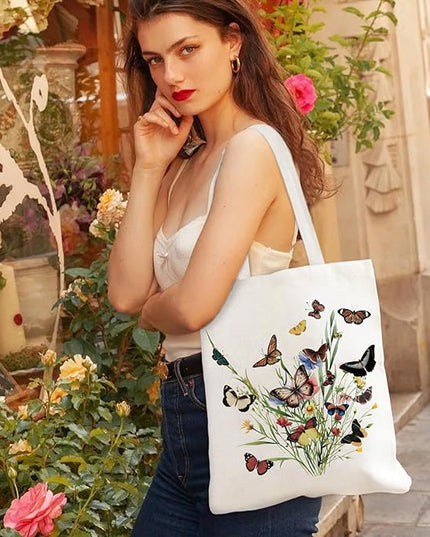 Aesthetic Canvas Tote Bag with Zipper Pockets & Snaps for Women,Reusable Shopping Grocery Bags Gifts -Work, Gym