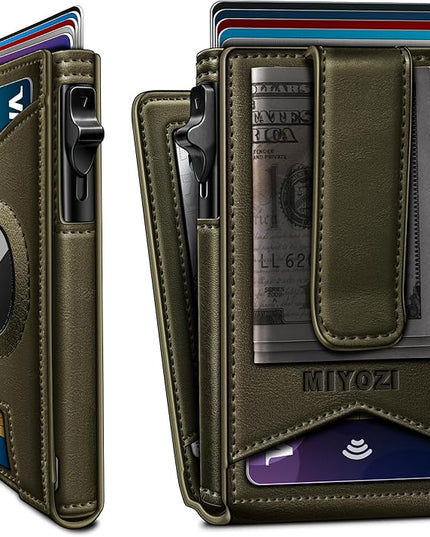 miyozi Airtag Wallet for Men Money Clip 9-Card Pop-Up Credit Card Holder with ID Window RFID Blocking Metal Case Magnetic Closure Front Pocket Wallet Gift Box