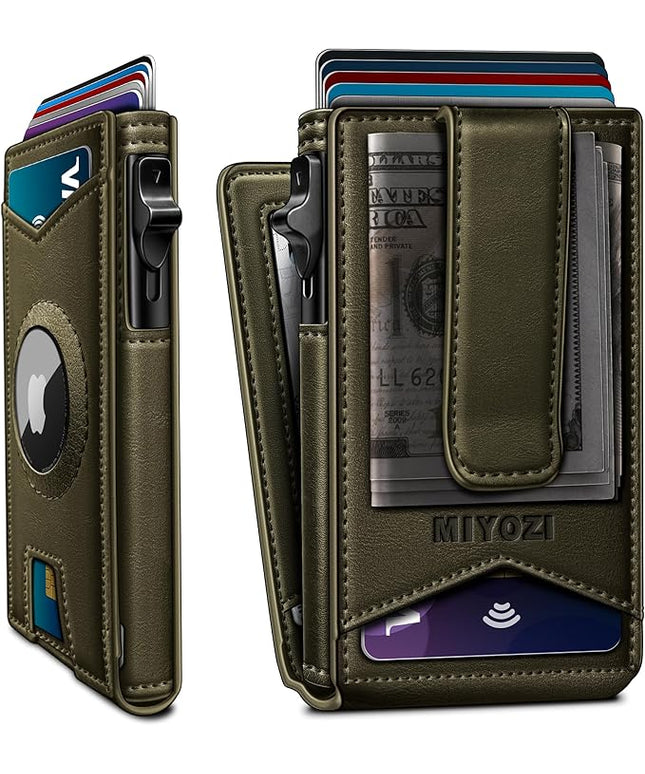 miyozi Airtag Wallet for Men Money Clip 9-Card Pop-Up Credit Card Holder with ID Window RFID Blocking Metal Case Magnetic Closure Front Pocket Wallet Gift Box