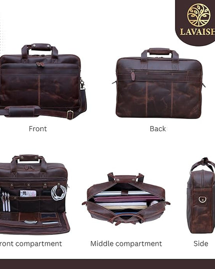 Handmade Full-Grain Leather Briefcase for Men & Women–17" Laptop Bag with Computer Compartment Office Satchel Bag