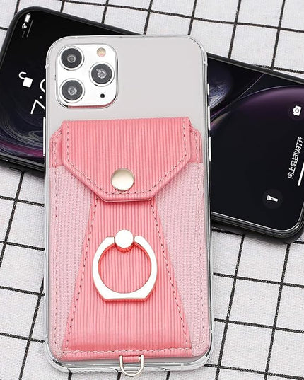 Cell Phone Card Holder,Card Holder for Back of Cell Phone with Ring Grip Stand,Adhesive Stick-on Credit Card Wallet Pocket with Detachable Neck Strap Pink