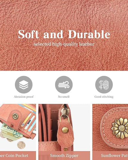 Blucoay Wallet Women,RFID Blocking Leather Womens Wallet Bifold Compact Card Holder Small Wallet for Women with Removable ID Window Pink