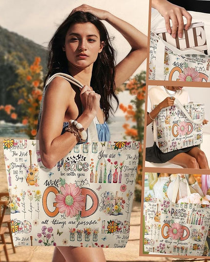 Large Tote Bag for Women - Aesthetic Cute Big Canvas Bags with Zipper Cotton Shoulder Bag for Gym, Travel, Work