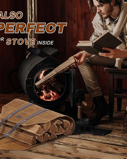 Canvas Firewood Log Carrier Bag, Waxed Durable Wood Tote of Fireplace Stove Accessories, Extra Large Hay Hauling with Handles for Outdoor Camping-Rust
