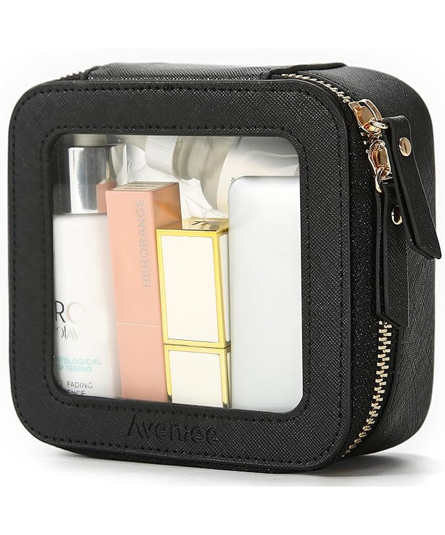 Aveniee Mini Clear Makeup Bag, Small Cosmetic Bags Travel Toiletry Pouch Organizer, TSA Approved Make up Case with Zipper, Car Bag for Essentials,Black
