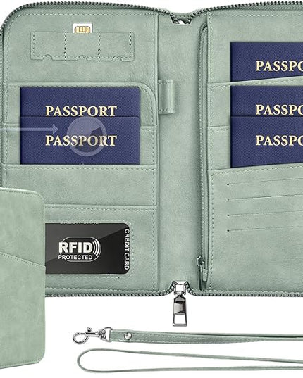 Family Passport Holder Wallet RFID Travel Document Organizer for Women Men, Portable Case Cover for Cards, Boarding Pass with Wrist & Neck Double Strap, Travel Christmas Gifts (Sage Green, 1pack)