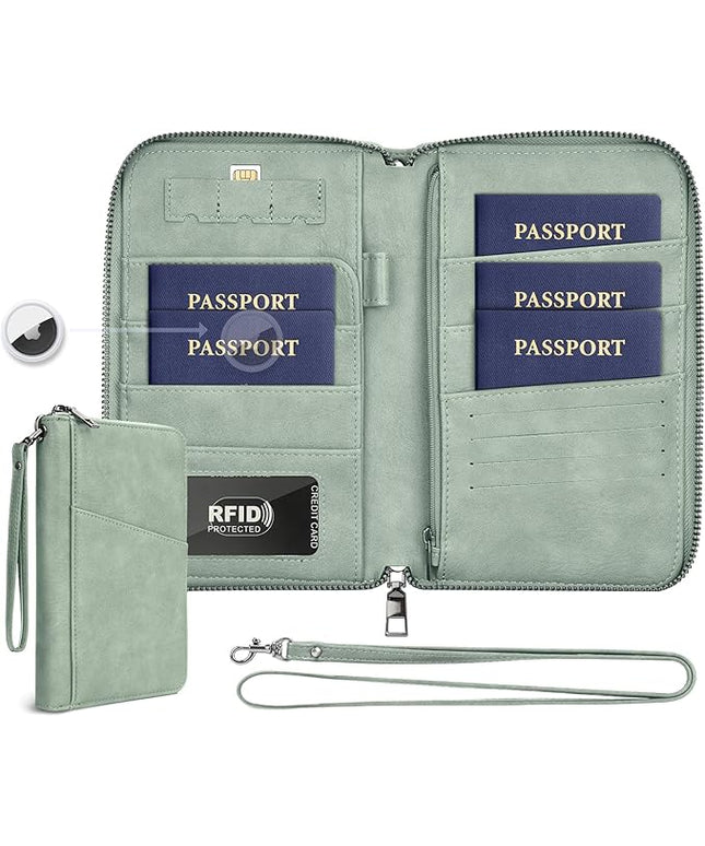 Family Passport Holder Wallet RFID Travel Document Organizer for Women Men, Portable Case Cover for Cards, Boarding Pass with Wrist & Neck Double Strap, Travel Christmas Gifts (Sage Green, 1pack)