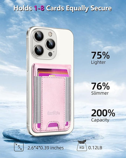 Phone Wallet Stick On, Upgraded Phone Wallet with Adjustable Stand, Open ID Window, 8-Card Holder, Stronger 3M Adhesive Credit Card Holder for Back of Phone Case, iPhone, Samsung and Android, Pink