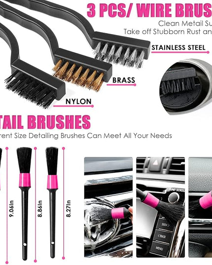 Viewsun 20PCS Car Cleaning Kit, Pink Car Interior Detailing Kit with Drill Brush Set, Windshield Cleaning Tool, Detailing Brushes, Wire Brushes, Cleaning Gel, Complete Cleaning Supplies for Women