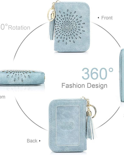 APHISON RFID Credit Card Holder Zipper Card Case Keychain Small Wallet for Women 1927 BLUE