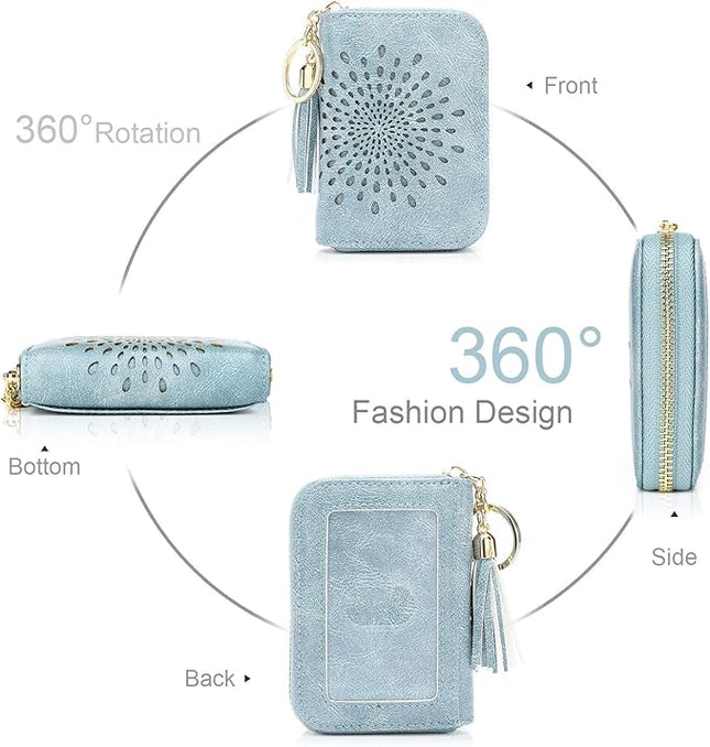 APHISON RFID Credit Card Holder Zipper Card Case Keychain Small Wallet for Women 1927 BLUE