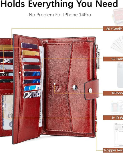 BOSTANTEN Womens Leather Wallets RFID Blocking Large Capacity Credit Card Holder Phone Clutch Rose Red
