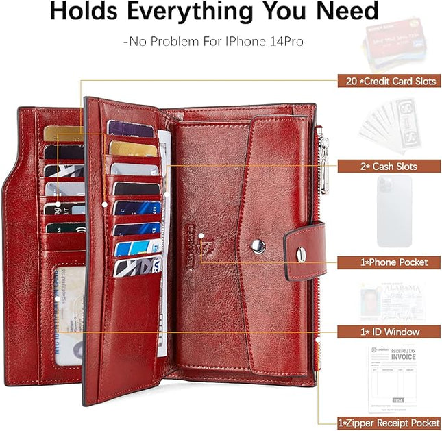 BOSTANTEN Womens Leather Wallets RFID Blocking Large Capacity Credit Card Holder Phone Clutch Rose Red