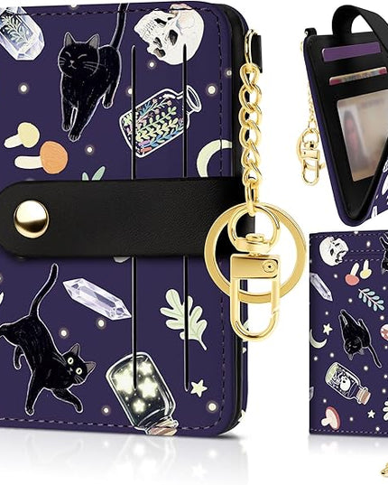 Sodsay Small Slim Wallet Women RFID Blocking, PU Leather Bifold Ladies Wallet with Zipper Coin Pocket, Thin Cute Travel Card Wallets for Girls, Black Cat Gothic