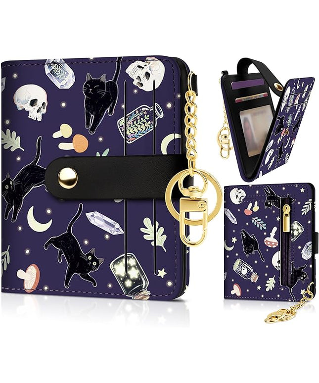 Sodsay Small Slim Wallet Women RFID Blocking, PU Leather Bifold Ladies Wallet with Zipper Coin Pocket, Thin Cute Travel Card Wallets for Girls, Black Cat Gothic