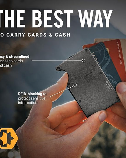 Ridge Wallet for Men - Slim Minimalist Compact Wallet and Card Holder, RFID Protected Front Pocket Wallets for Men with Integrated Cash Strap (Stonewashed Titanium)