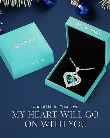 LOUISA SECRET Sparkling Double Heart Birthstone Necklaces for Women, 925 Sterling Silver Fine Jewelry, Pendant Heart Necklaces Birthday Anniversary Christmas Gift for Women Wife Mom Girlfriend Lady