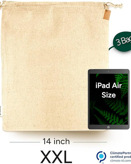 LEAFICO Reusable Produce Storage Bags - XX-Large 19x23 3 Pack - Breathable Muslin Fabric Sacks with Drawstrings – Dust-Proof Travel Cotton Bags for Laundry, Clothes, Purses