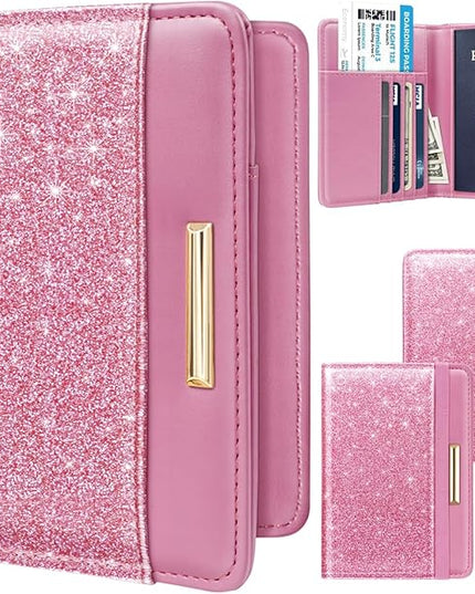 Passport Holder Cover Travel RFID Blocking Passport Cover Rose Gold Cute Flowers Passport Wallet with Elastic Band for Women
