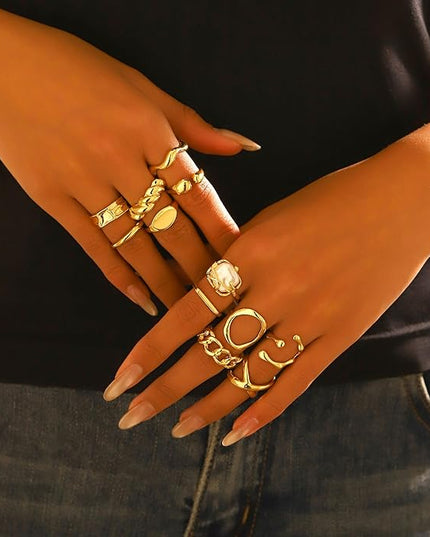 Chunky 14K Gold Plated Stackable Rings Set for Women,Vintage Knuckle Rings Dainty Hollow Carved Joint Finger Midi Rings Pack Adjustable Signet Mixed Size