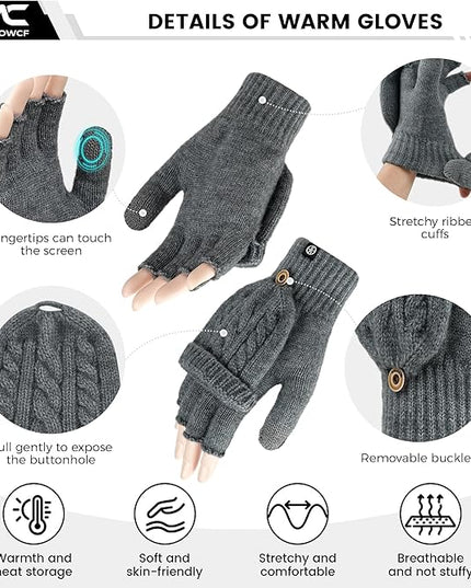 Winter Fingerless Gloves for Women Men Warm Knitted Convertible Mittens Flap Cover