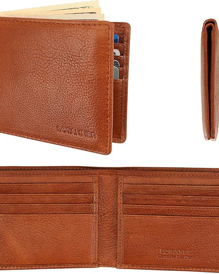 BOTANNER Mens Genuine Leather Bifold Wallet RFID Blocking 8 Credit Card Slots 2 Sections for Bills & 2 Additional Slots | Tan