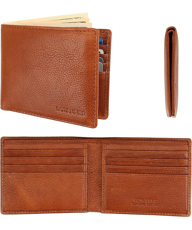 BOTANNER Mens Genuine Leather Bifold Wallet RFID Blocking 8 Credit Card Slots 2 Sections for Bills & 2 Additional Slots | Tan