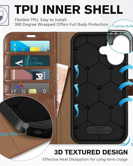 TUCCH Wallet Case Compatible with iPhone 16 5G (6.1", 2024 Release) – Brown, PU Leather [Shockproof TPU Interior Case] [Kickstand] Magnetic Protective Flip Cover with [RFID Blocking] [4 Card Holder]