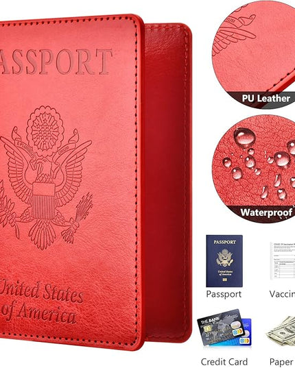 Eoehro Passport and Vaccine Card Holder Combo, Faux Leather, Compact, Lightweight, Waterproof, Red