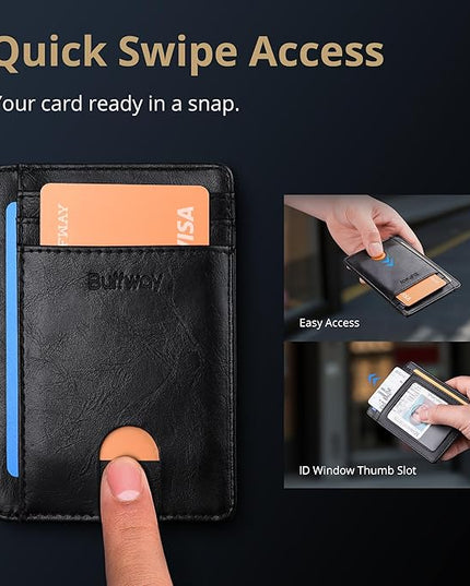 Buffway Slim Minimalist Front Pocket RFID Blocking Leather Wallets for Men and Women - Alaska Black