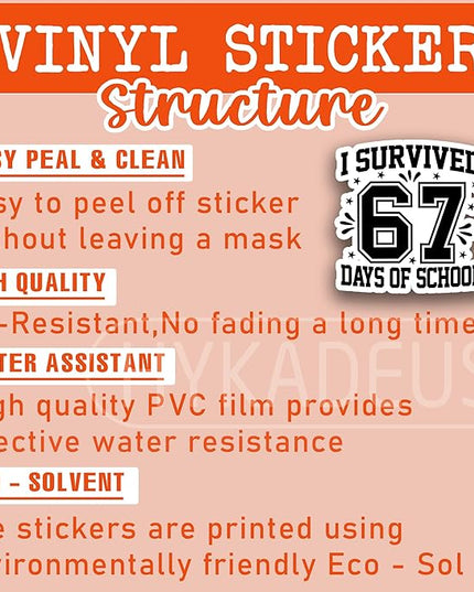 (3Pcs) I Survived 67 Days of School Stickers 6 7 Funny Teacher Stickers, Teachers Students Humor Vinyl Decals Waterproof Sticker for Laptop, Water Bottle, Planner, Scrapbooking, 3" x 3"