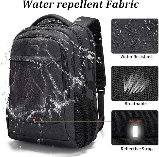 DUSLANG 17 Inch Laptop Backpack for Travel Water Resistant College Backpack for Men/Women Laptop Bag with USB Charging Port and Small Canvas Tote Bag, Black
