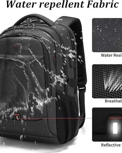 DUSLANG 17 Inch Laptop Backpack for Travel Water Resistant College Backpack for Men/Women Laptop Bag with USB Charging Port and Baseball Keychain for backpack, Black