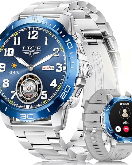 LIGE Smart Watches for Men, Make/Answer Call, 600mAH Battery, 200+ Sports Modes, 1.43" AMOLED Fitness Watch with Heart Rate/Sleep Monitor, Business Sport Smart Watch for Android iOS, Silver Blue