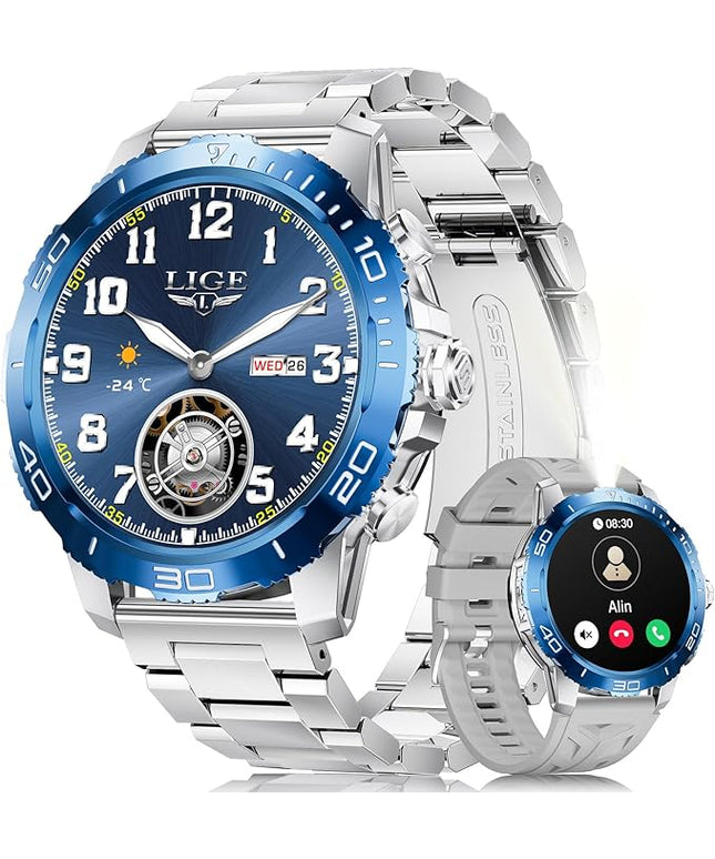 LIGE Smart Watches for Men, Make/Answer Call, 600mAH Battery, 200+ Sports Modes, 1.43" AMOLED Fitness Watch with Heart Rate/Sleep Monitor, Business Sport Smart Watch for Android iOS, Silver Blue