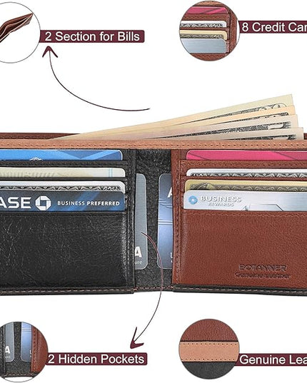 BOTANNER Mens Genuine Leather Bifold Wallet | RFID Blocking, 8 Credit Card Slots, 2 Sections for Bills & 2 Additional Slots | Tan/Camel/Black