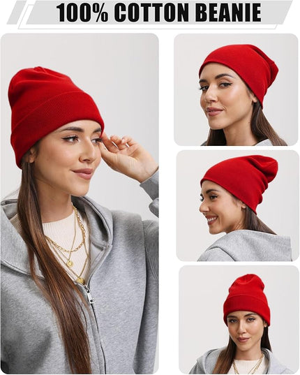 100% Cotton Beanie Hat- Unisex Ultra Soft Winter Warm Stretch Knit Cuffed Hats Fisherman Beanies Skull Cap