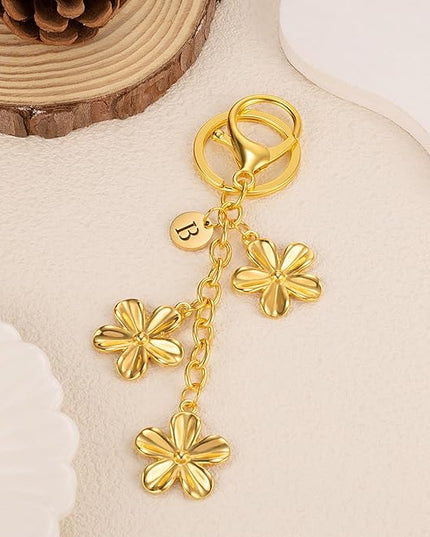 XGALBLA Gold/Silver Initial Keychain Flower Charms for Key Cute Letter Keyring for Purse Handbag Backpack