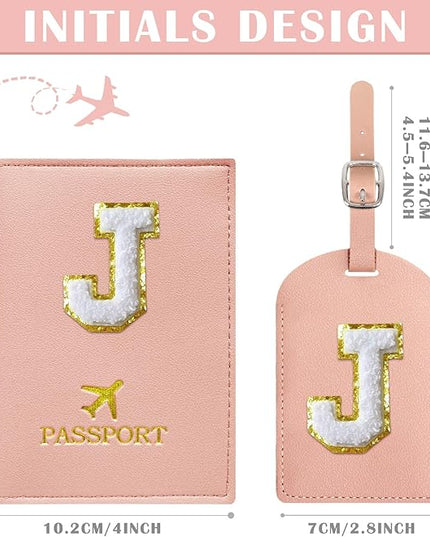 COSHAYSOO Initial Passport Cover Holder and Luggage Tag Set with Chenille Letter Patch ABC for Women Teenage Girls, Travel Essentials Must Have Stuff Bag Suitcase Identifier Pink J