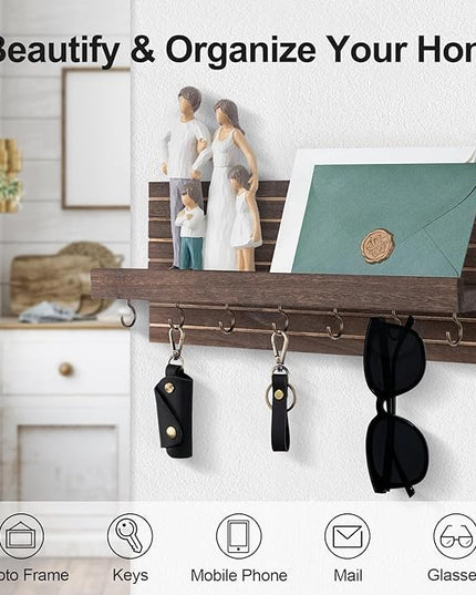 Lwenki Decorative Key Holder for Wall with Shelf, Entryway Shelf with Hooks Holds Leashes, Jackets and Glasses – Sturdy Wood Keyholder Entrance Hanger with Mounting Hardware (Brown, Large)