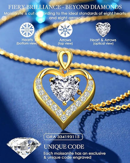 Beam & Bask 2-3 Ct Moissanite Double Heart Pendant Necklaces for Wife, 18K Gold Plated S925 Silver Jewelry for Women Girlfriend Mom Her on Anniversary Birthday