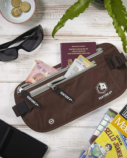 VENTURE 4TH Money Belt for Travel – Hidden Under-Clothes RFID Blocking Passport Holder & Slim Travel Wallet Pouch for Men & Women to Protect Cash, Cards & Documents (Brown)