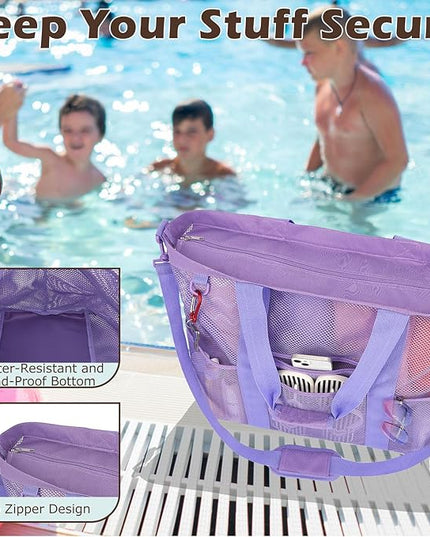 Mesh Beach Bag, Large Beach Tote with Zipper Pocket, Toys Pool Bag for Family Travel Vacation Cruise Essentials