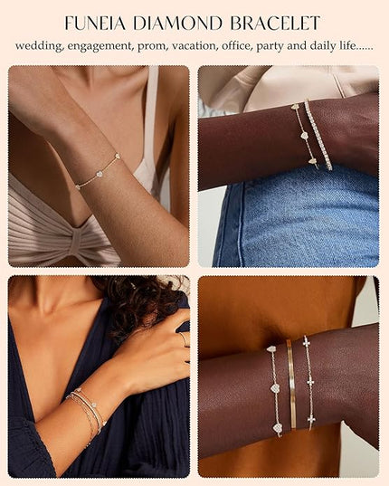FUNEIA Dainty Silver Gold Bracelets for Women Trendy Non Tarnish 14K Gold Plated Waterproof Diamond Bracelets Cute Stackable Heart Butterfly Clover Cross Evil Eye Charm Bracelet Stack Jewelry Gifts