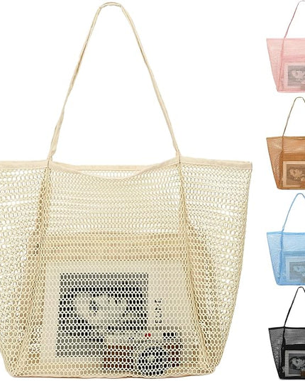 Mesh Beach Bag, Large Beach Tote with Zipper Pocket, Toys Pool Bag for Family Travel Vacation Cruise Essentials