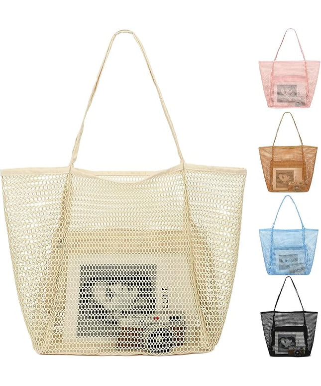 Mesh Beach Bag, Large Beach Tote with Zipper Pocket, Toys Pool Bag for Family Travel Vacation Cruise Essentials