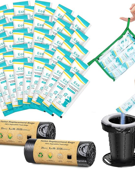 BLIKA 50 Count Camping Toilet Bags Eco Absorbent Gel Set, Portable Toilet Bags with Gel, 8 Gallon, 30 Liter, Heavy Duty 1 Mil, Toilet Replacement Bags with Toilet Powder for Camping Outdoor Hiking